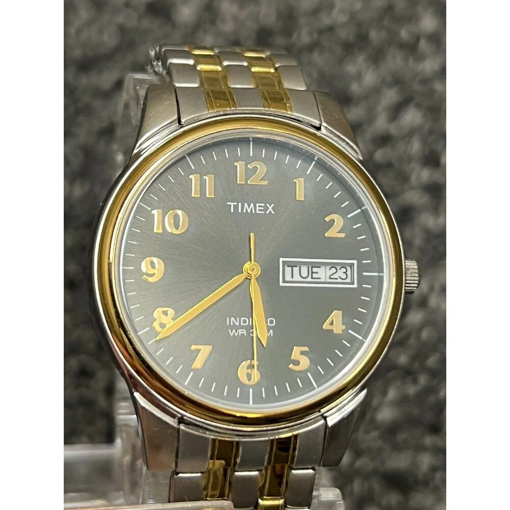 TIMEX Day Date Watch T2N093 Quartz Indiglo Black Dial Stainless Gold Flex Band